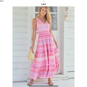 Cabana Life Pink and White Tiered Ruffled Maxi Sundress UPF 50+ M